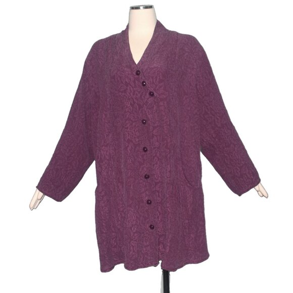 URU Jacket Textured Embossed Silk Tunic Travelers Coat Buttons Pockets L XL - Picture 1 of 8